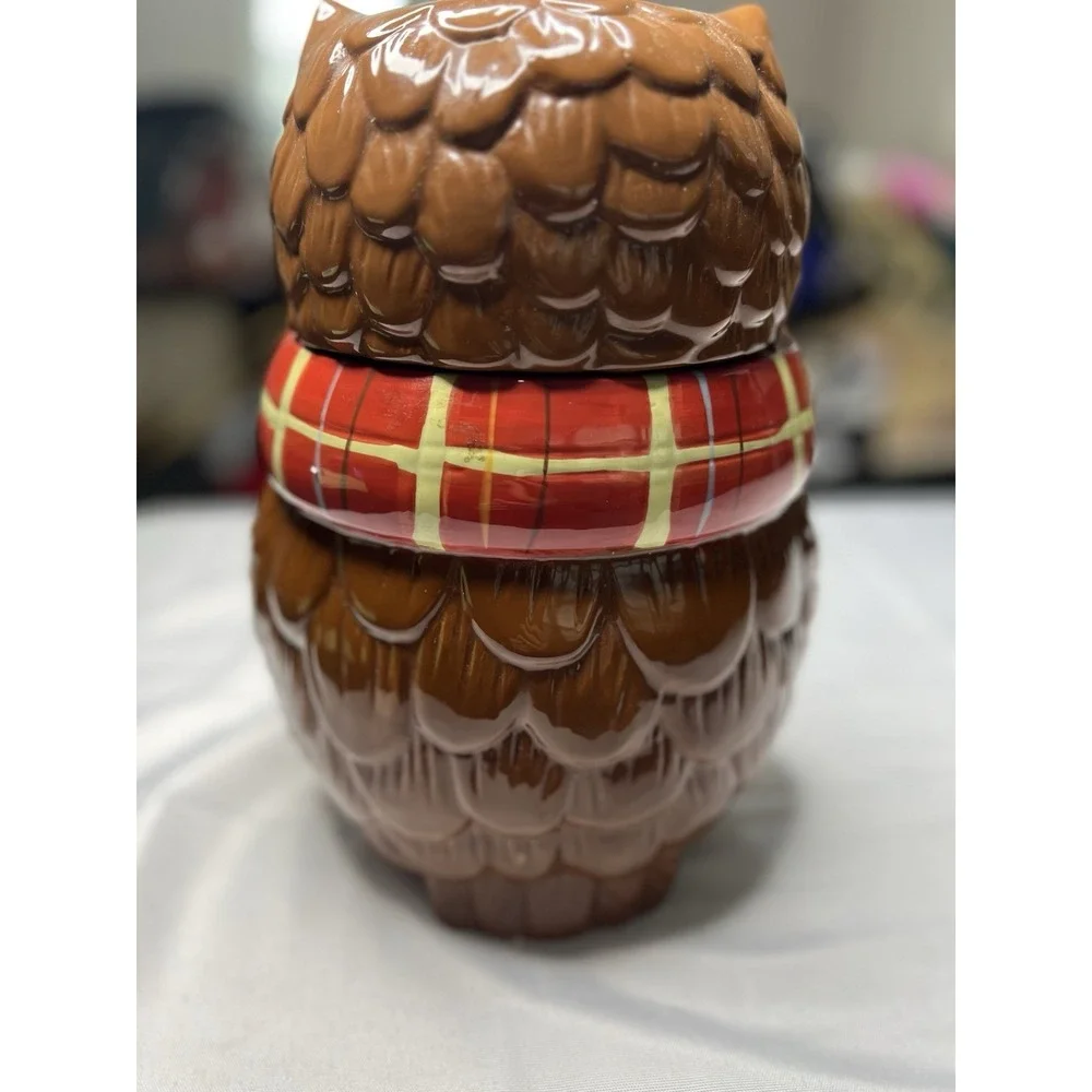 Pier 1 Chilly Billy Owl Cookie Jar Red Plaid Scarf Hand Painted Dolomite EUC
